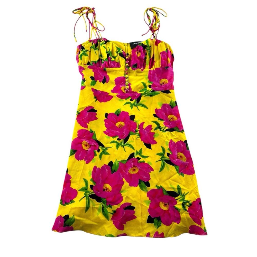 The Kooples Paris Silk Floral Mini Dress 1 US S Yellow Pink Tie Shoulder Straps